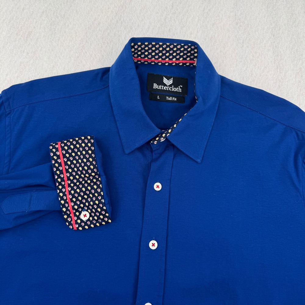 Buttercloth Mens Large Tall Fit Blue Long Sleeve Button Down Cotton Shirt L Tall